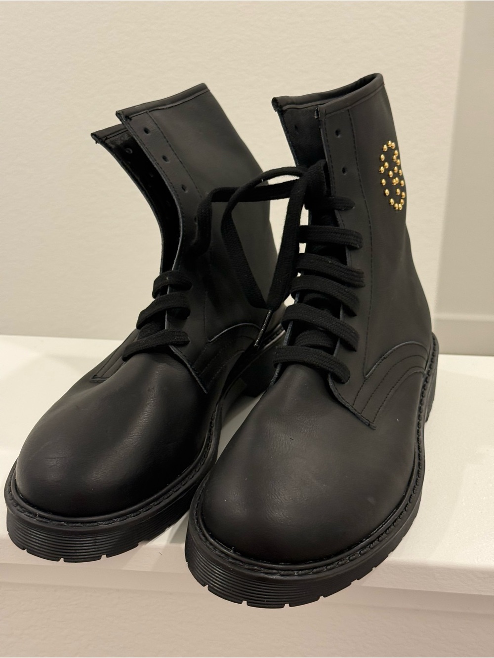 Valentino Black Combat Boots with Gold Stud Logo Size 10 - Picture 4 of 12